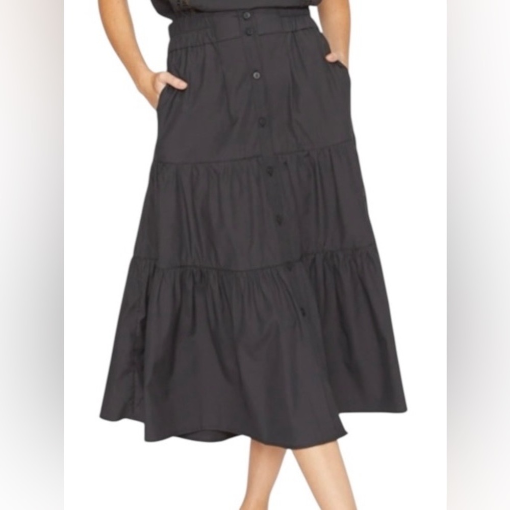 Brochu Walker Havana Elastic Waist Button-Front Tiered Midi Skirt, Size XS